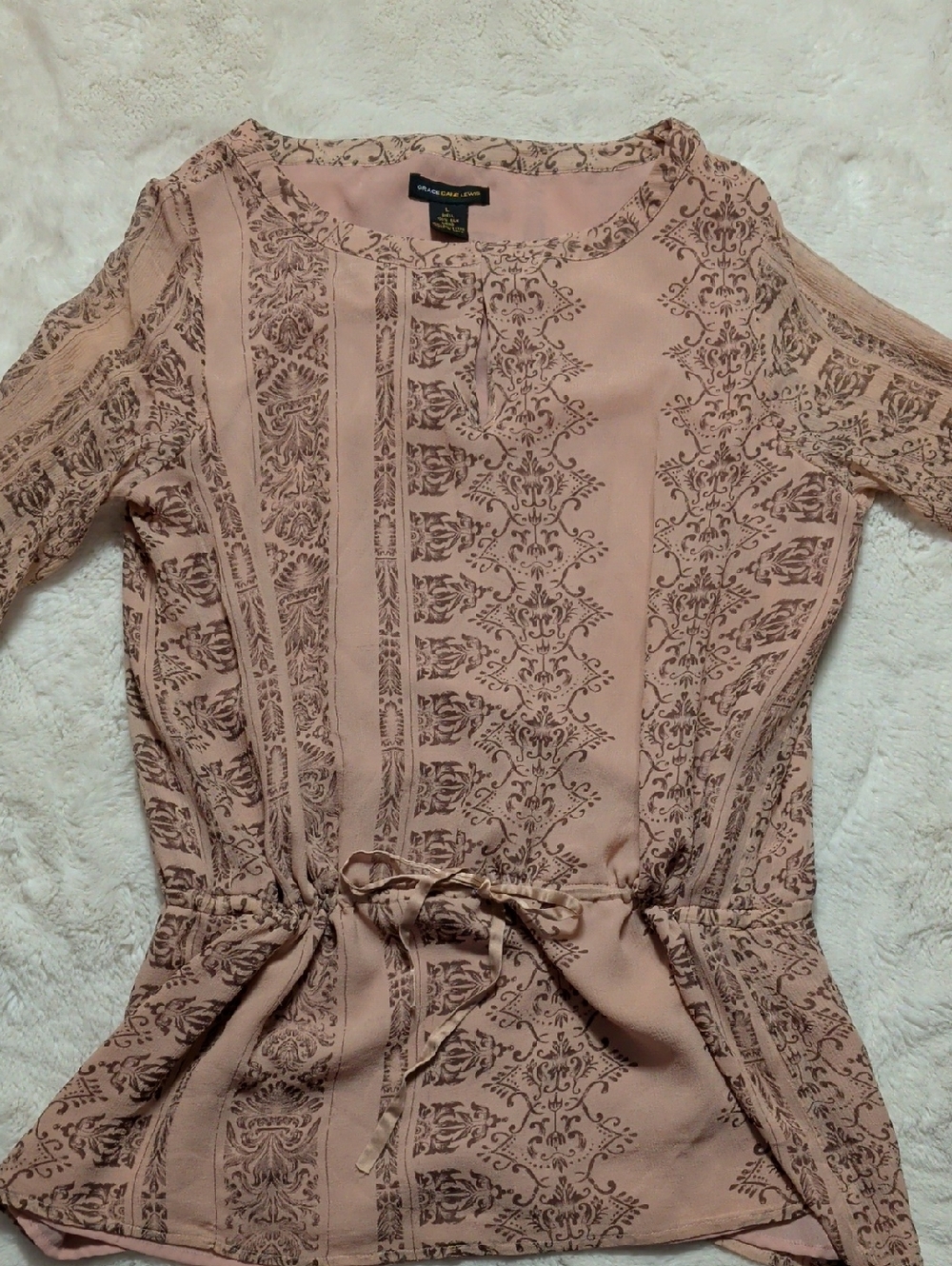 Grace Dane Lewis 100% Silk Boho Tie-Waist Pink Printed Women's Dress